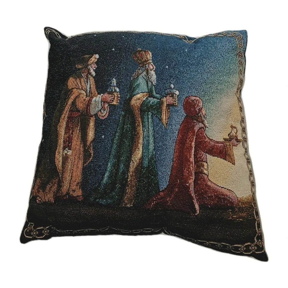 2 Vtg Mohawk Christmas Tapestry Throw Pillows Mary & Jesus + 3 Wise Men Made USA